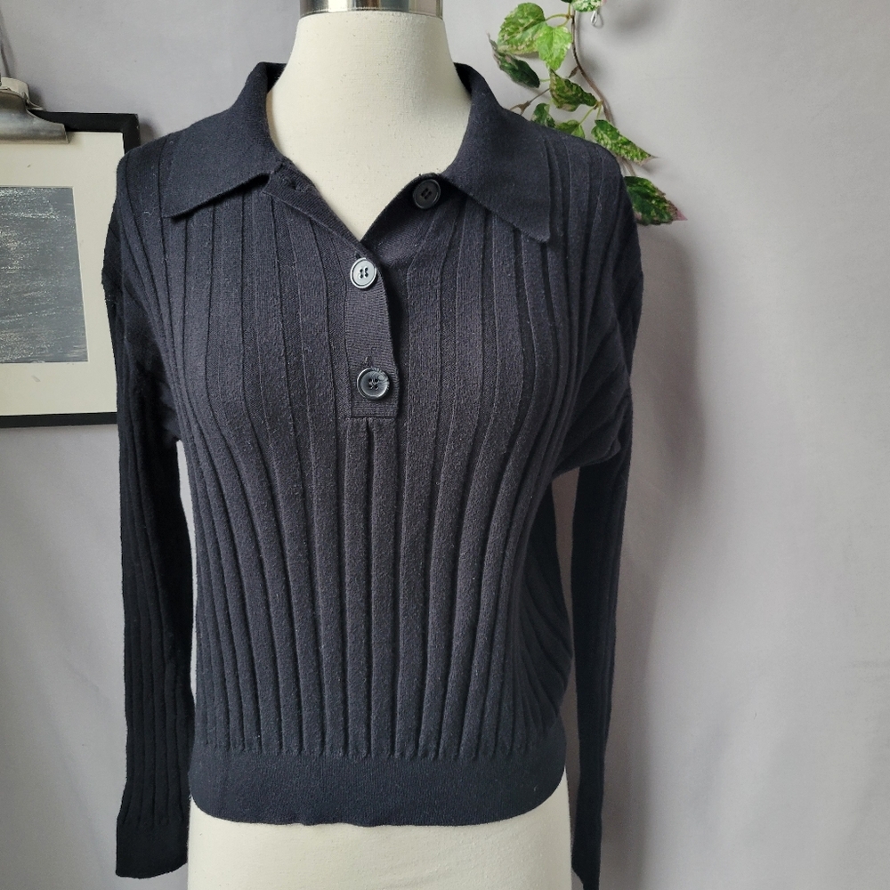 One Grey Day‎ Astrid Ribbed Polo Sweater Top Black S
